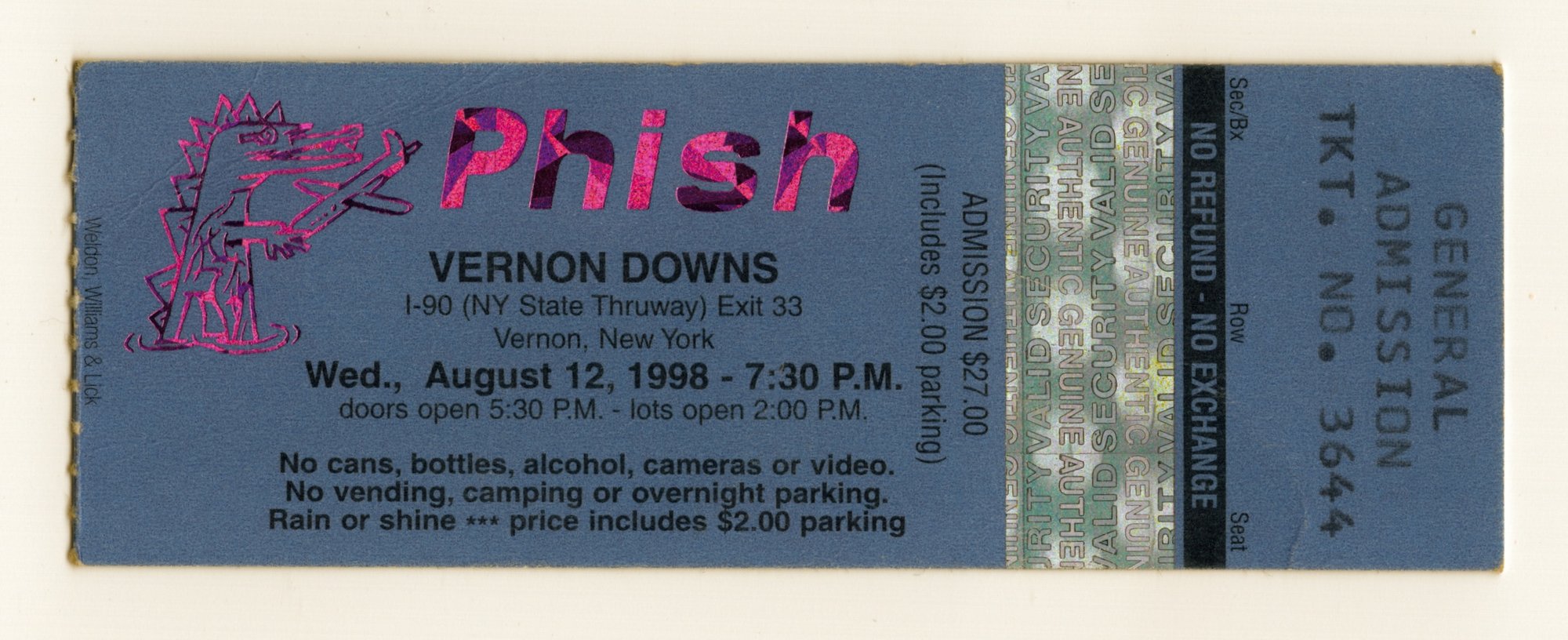 Ticket for 1998-08-12 at Vernon Downs