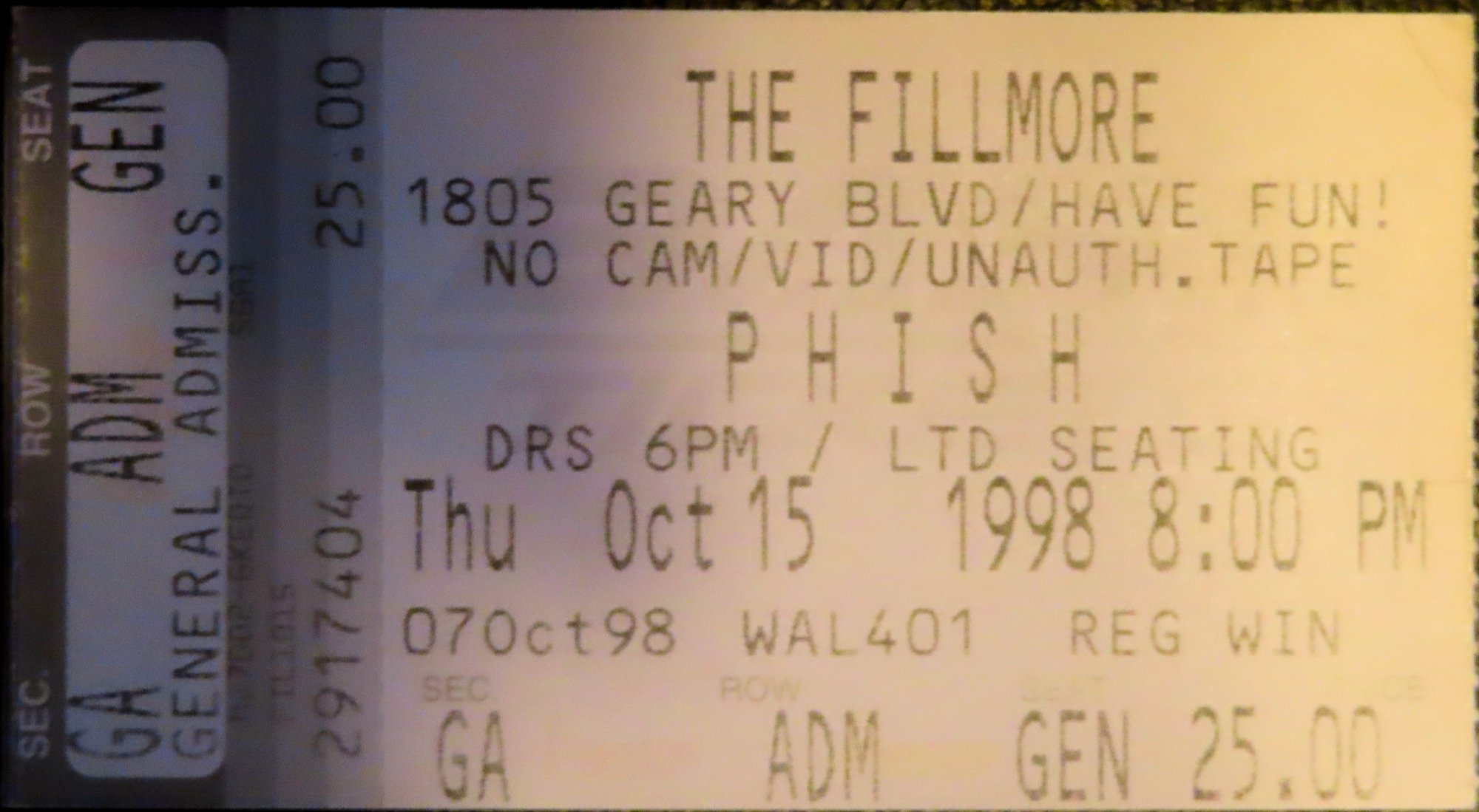Ticket for 1998-10-15 at The Fillmore