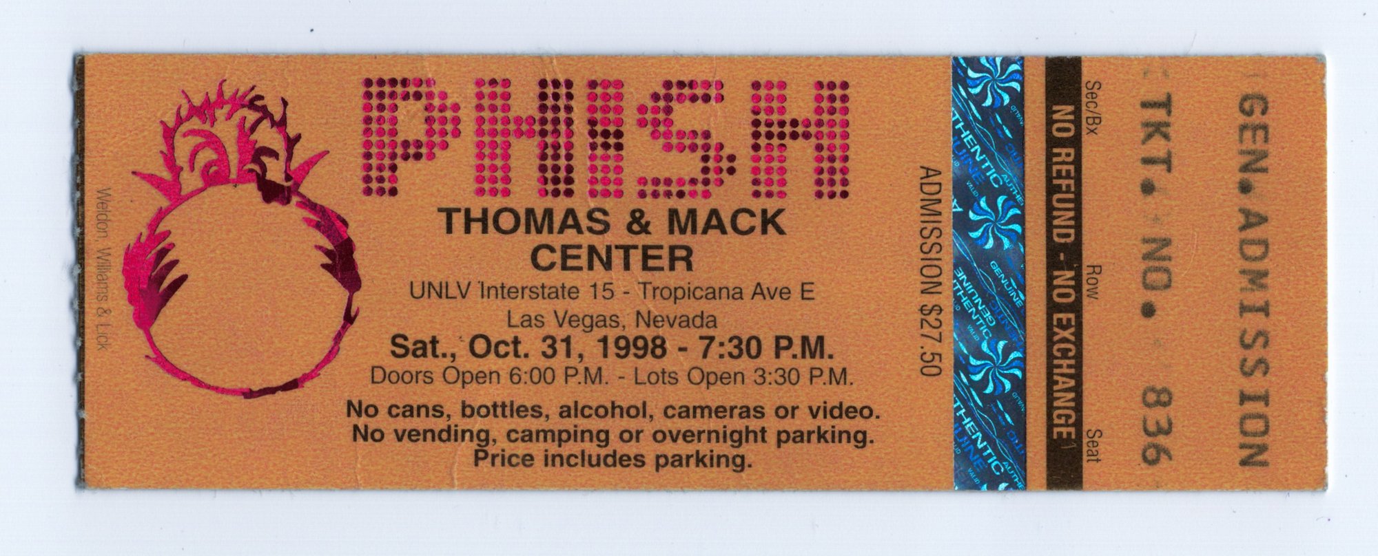 Ticket for 1998-10-31 at Thomas & Mack Center