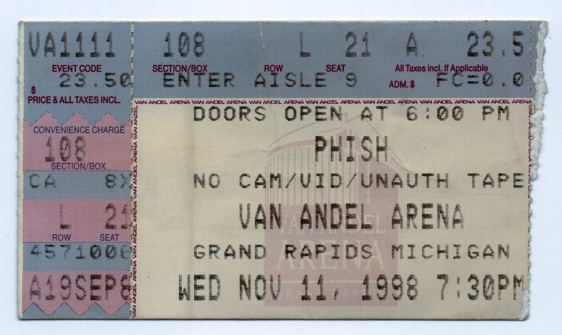 Ticket for 1998-11-11 at Van Andel Arena
