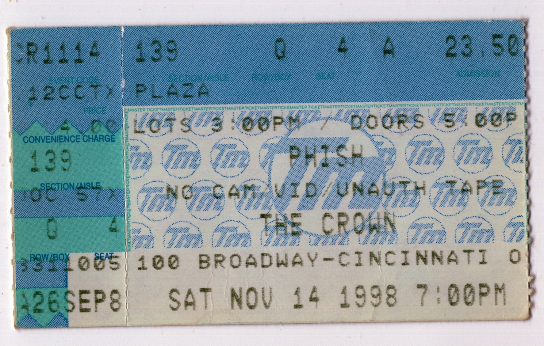 Ticket for 1998-11-14 at The Crown