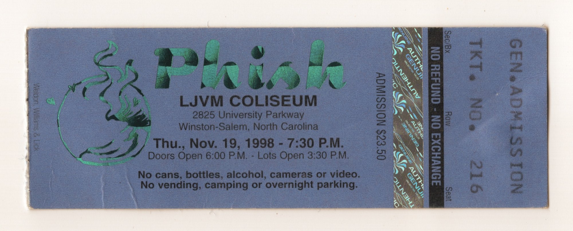 Ticket for 1998-11-19 at Lawrence Joel Veterans Memorial Coliseum