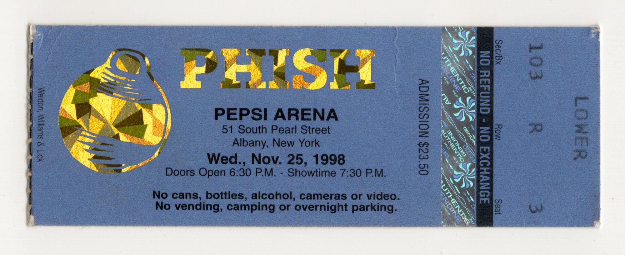 Ticket for 1998-11-25 at Pepsi Arena