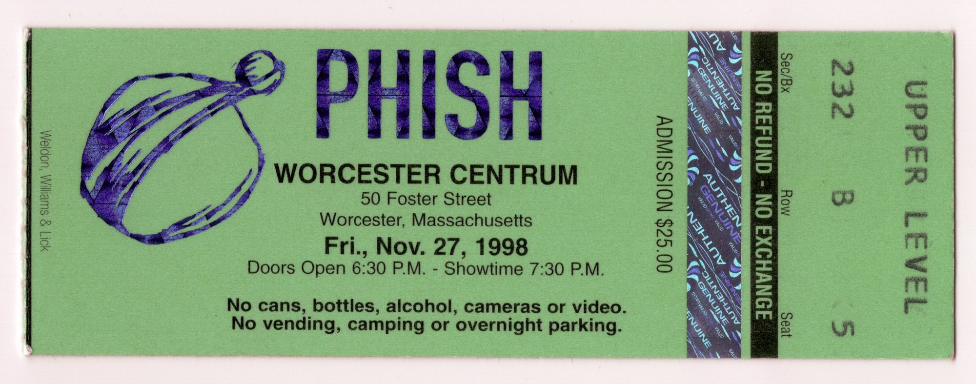 Ticket for 1998-11-27 at Worcester Centrum Centre