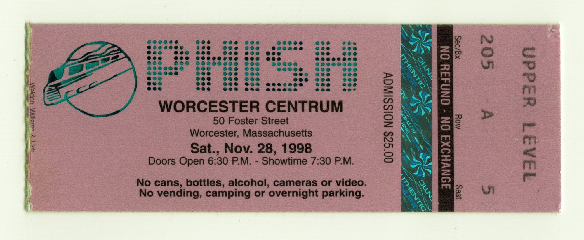 Ticket for 1998-11-28 at Worcester Centrum Centre