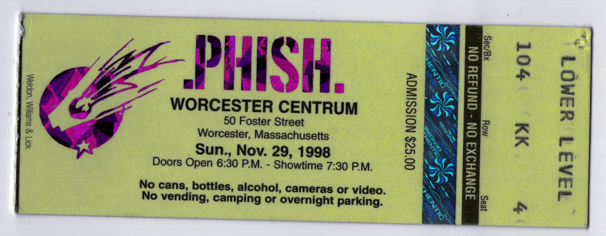 Ticket for 1998-11-29 at Worcester Centrum Centre