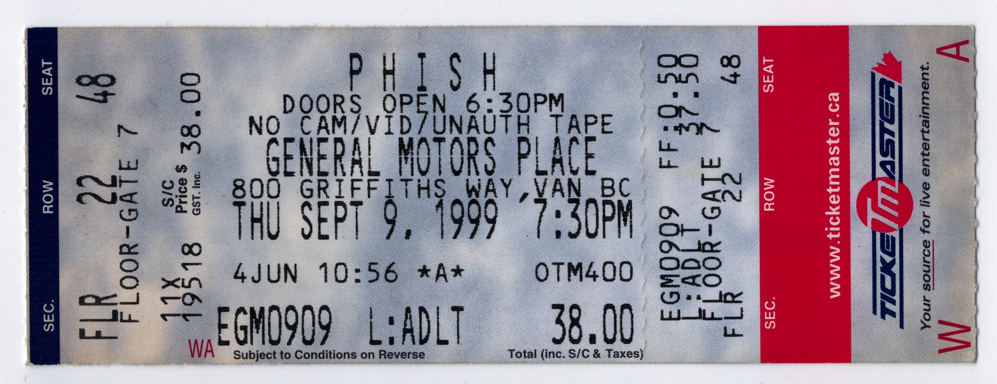 Ticket for 1999-09-09 at GM Place