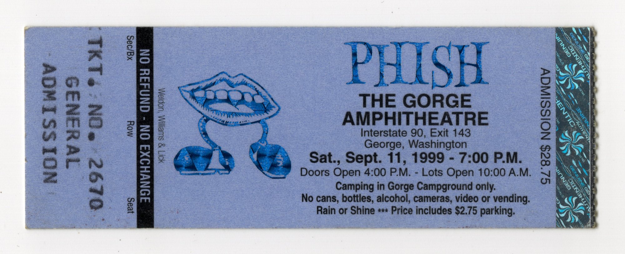 Ticket for 1999-09-11 at Gorge Amphitheatre