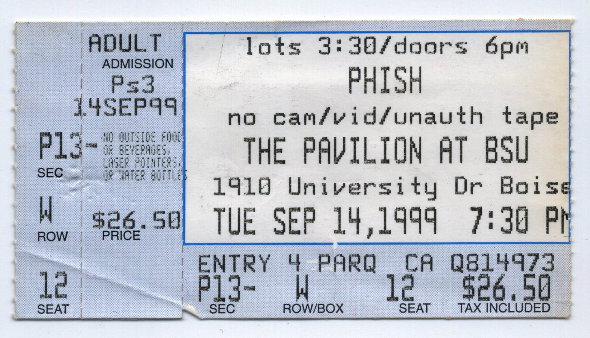 Ticket for 1999-09-14 at Boise State University Pavilion