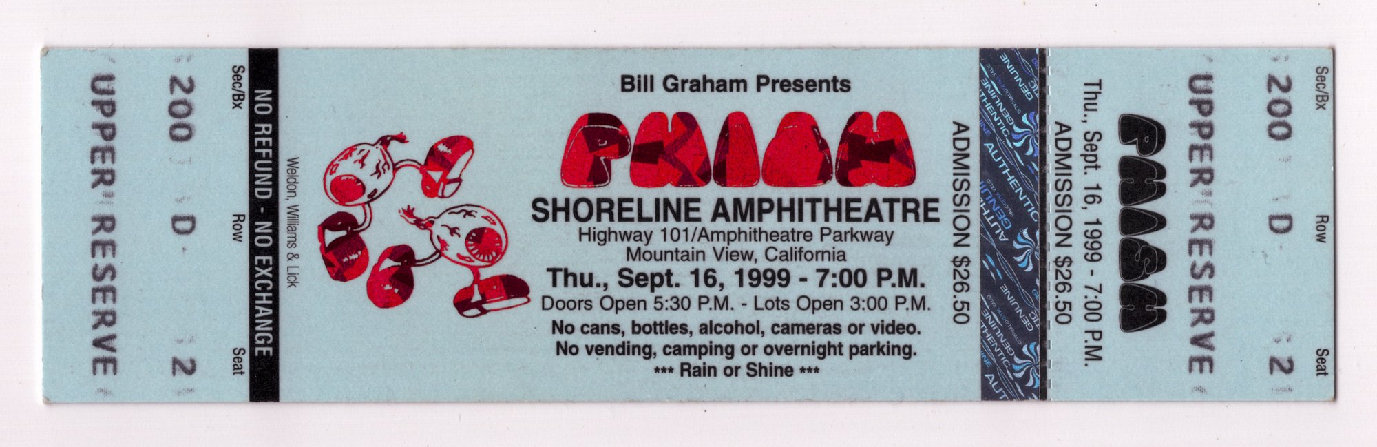 Ticket for 1999-09-16 at Shoreline Amphitheatre
