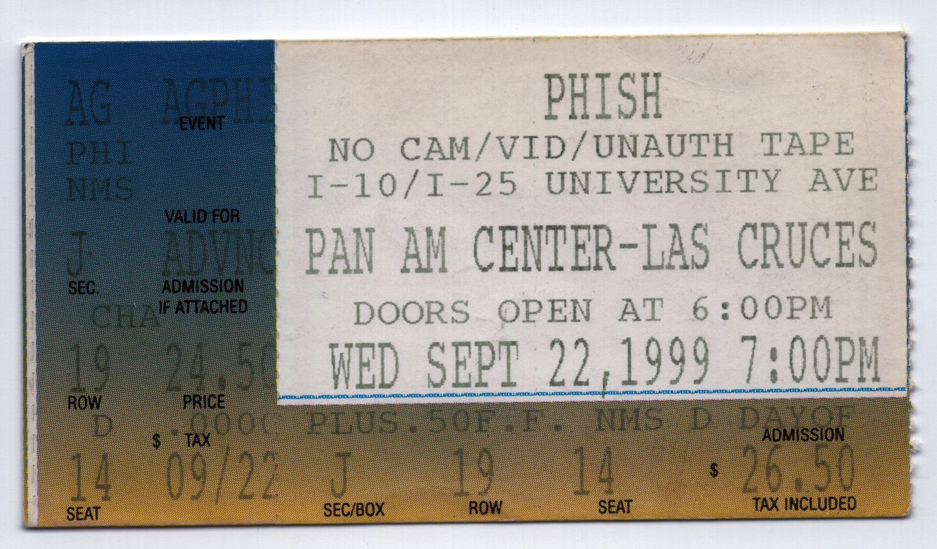 Ticket for 1999-09-22 at Pan American Center