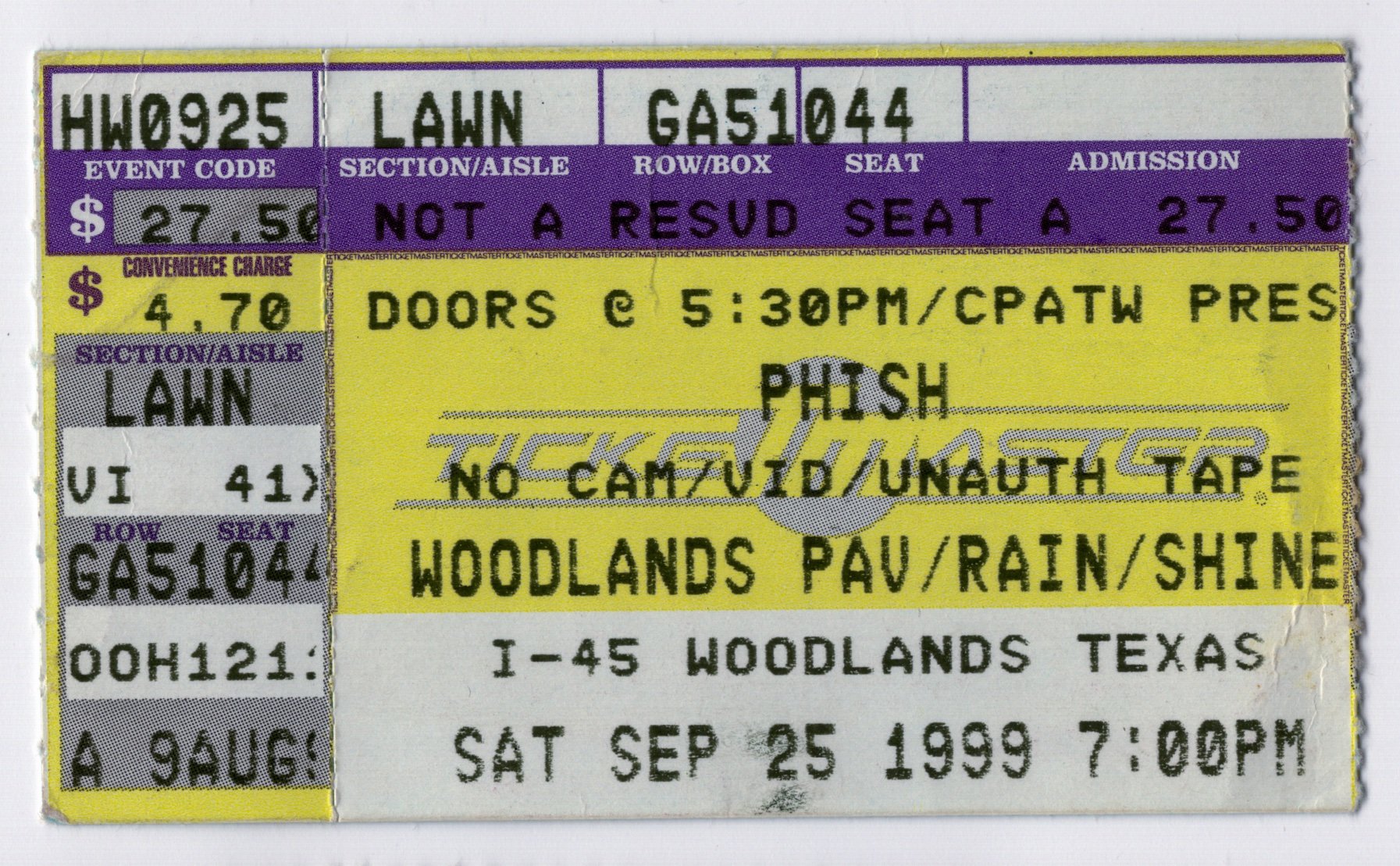 Ticket for 1999-09-25 at Cynthia Woods Mitchell Pavilion