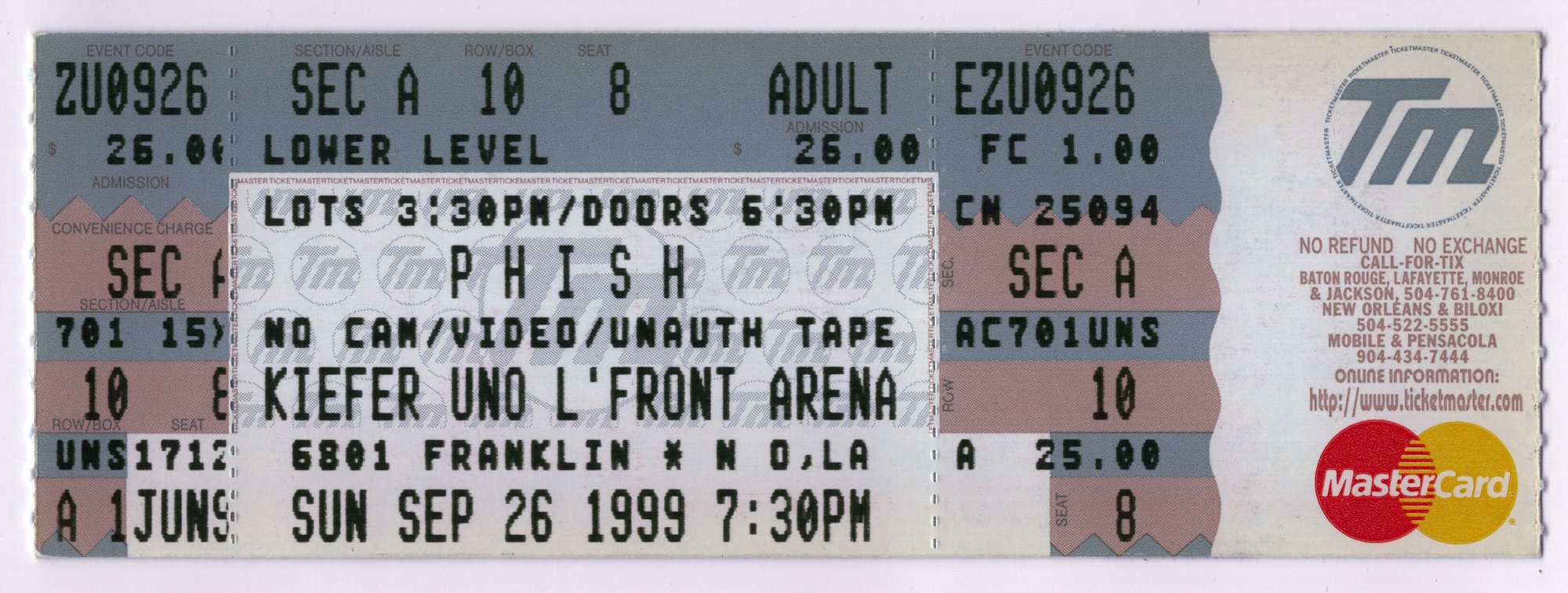 Ticket for 1999-09-26 at Kiefer UNO Lakefront Arena