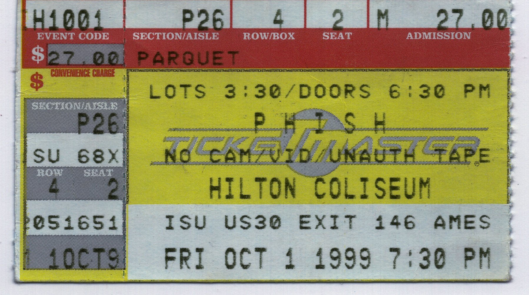 Ticket for 1999-10-01 at Hilton Coliseum
