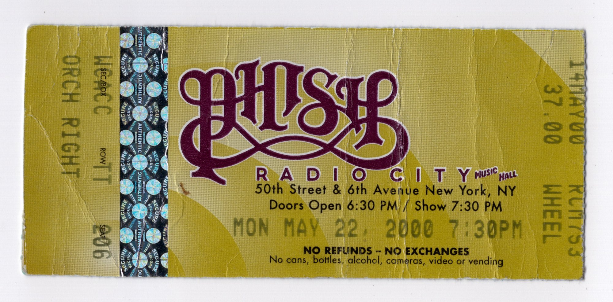 Ticket for 2000-05-22 at Radio City Music Hall