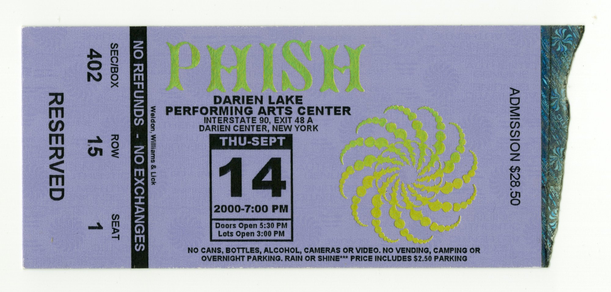 Ticket for 2000-09-14 at Darien Lake Performing Arts Center