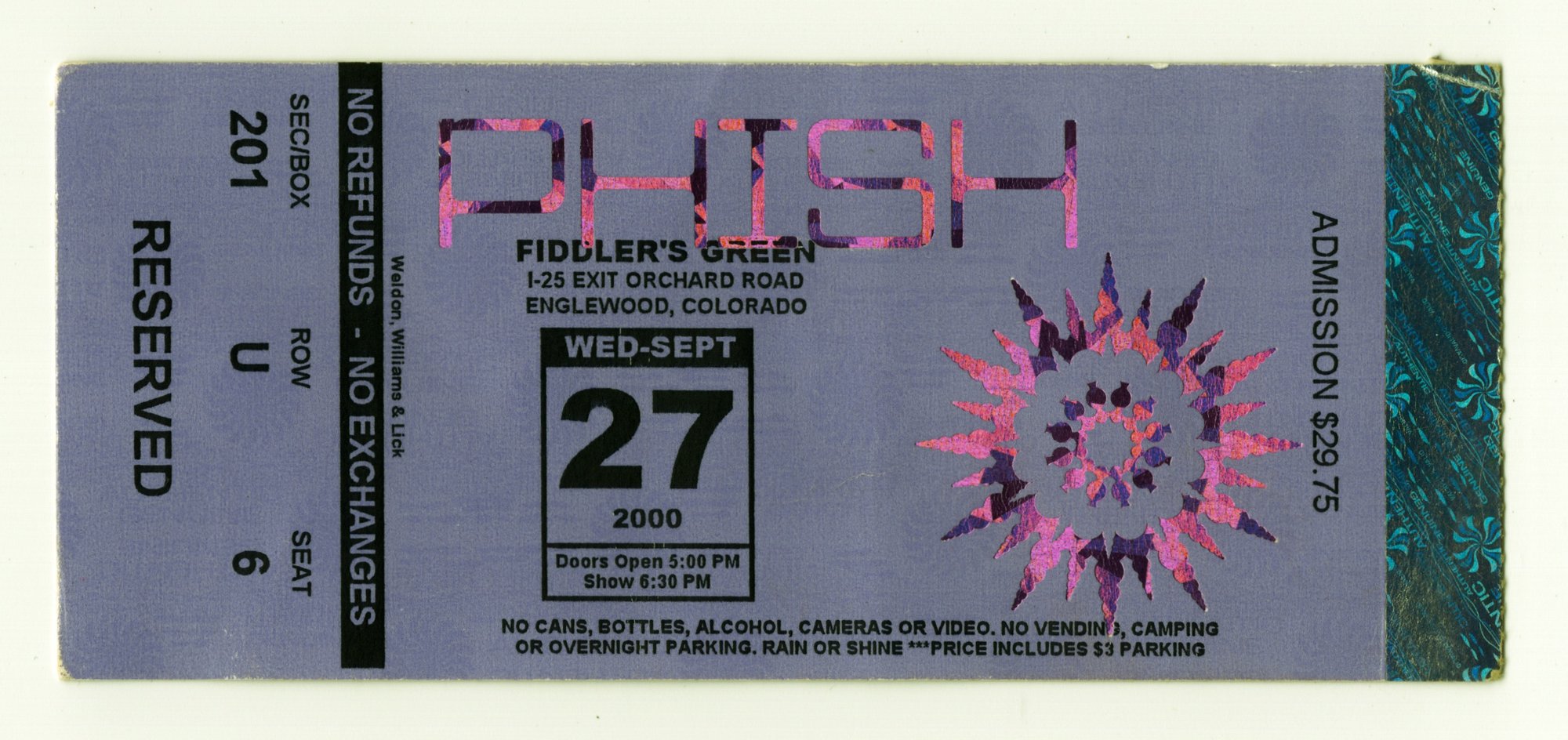 Ticket for 2000-09-27 at Fiddler'S Green