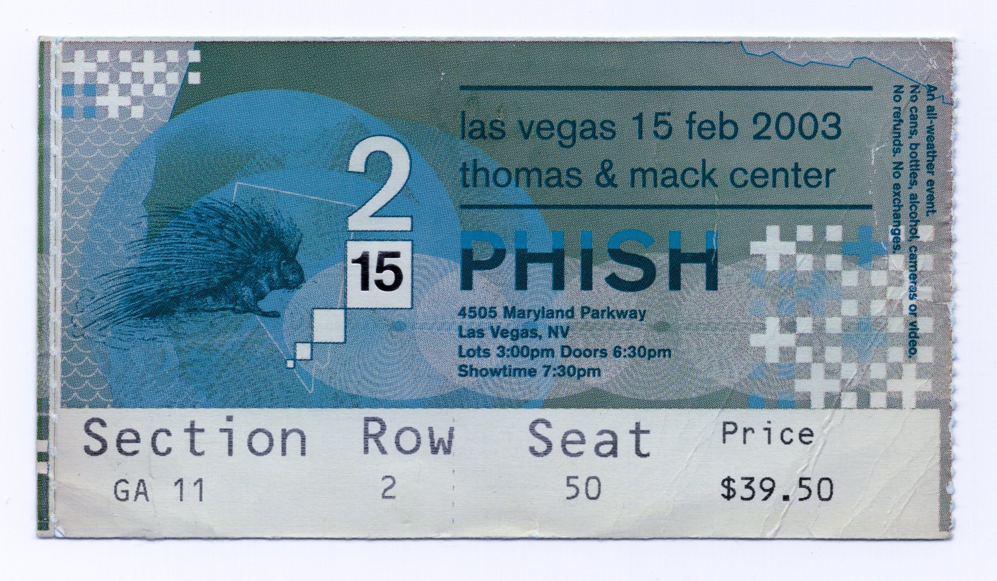 Ticket for 2003-02-15 at Thomas & Mack Center
