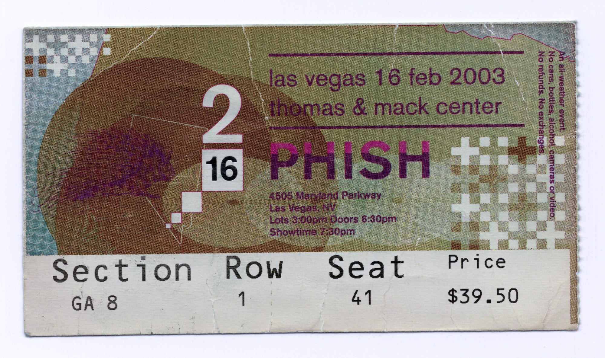Ticket for 2003-02-16 at Thomas & Mack Center