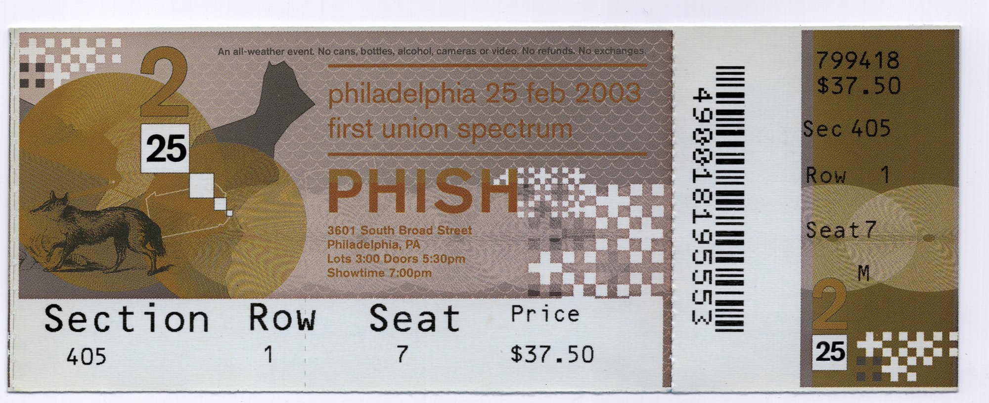 Ticket for 2003-02-25 at First Union Spectrum