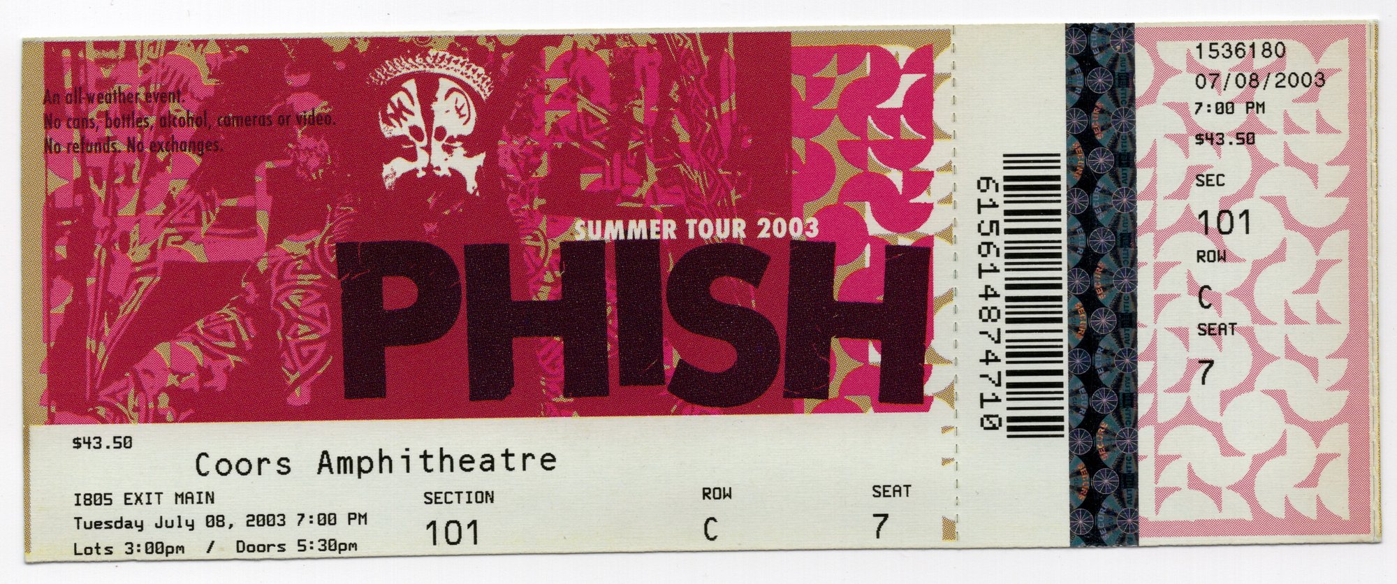 Ticket for 2003-07-08 at Coors Amphitheatre