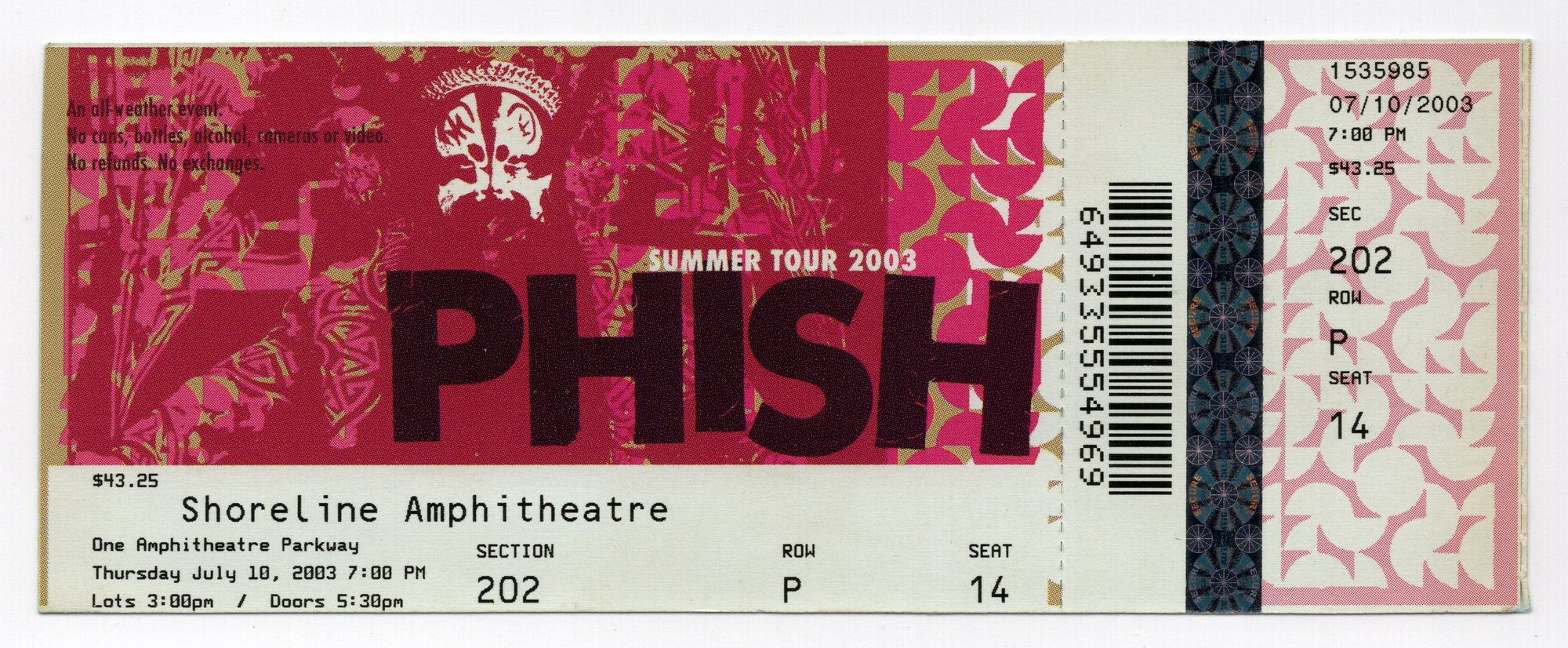 Ticket for 2003-07-10 at Shoreline Amphitheatre