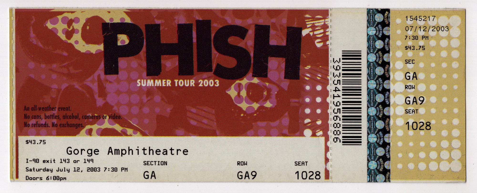 Ticket for 2003-07-12 at Gorge Amphitheatre