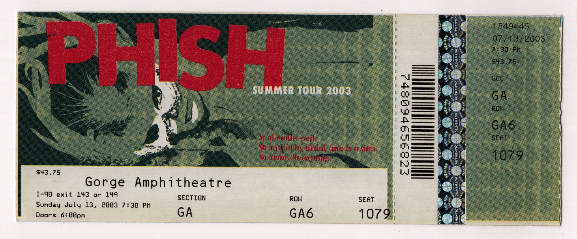 Ticket for 2003-07-13 at Gorge Amphitheatre