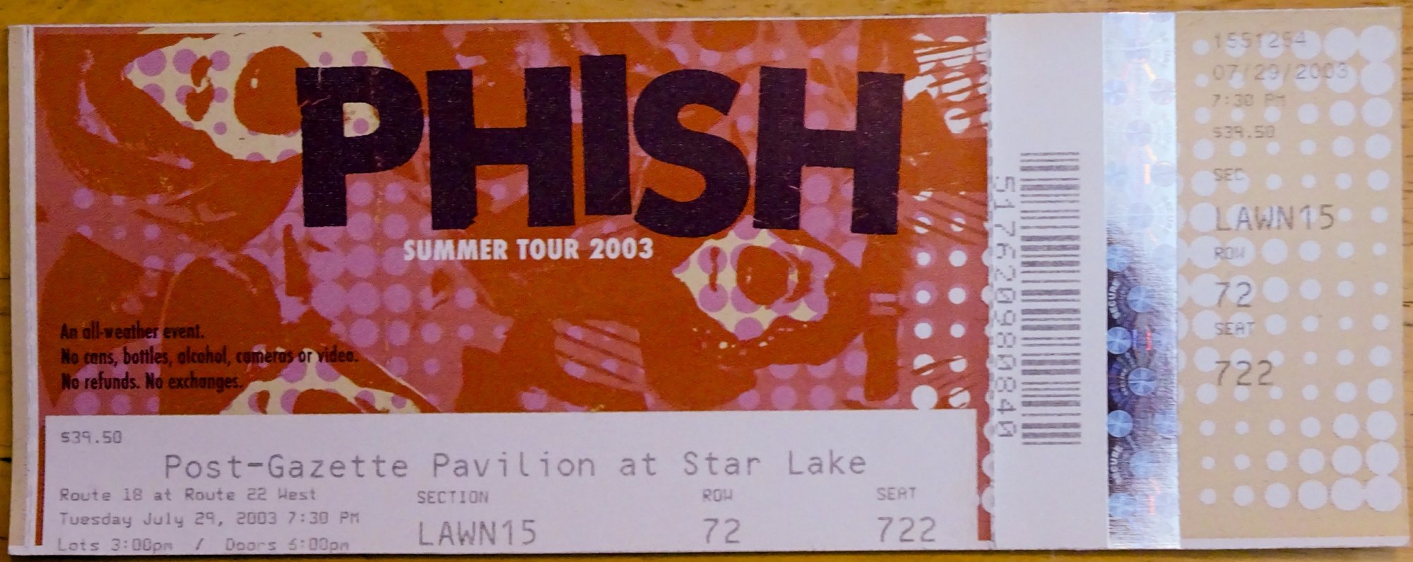 Ticket for 2003-07-29 at Post-Gazette Pavilion At Star Lake