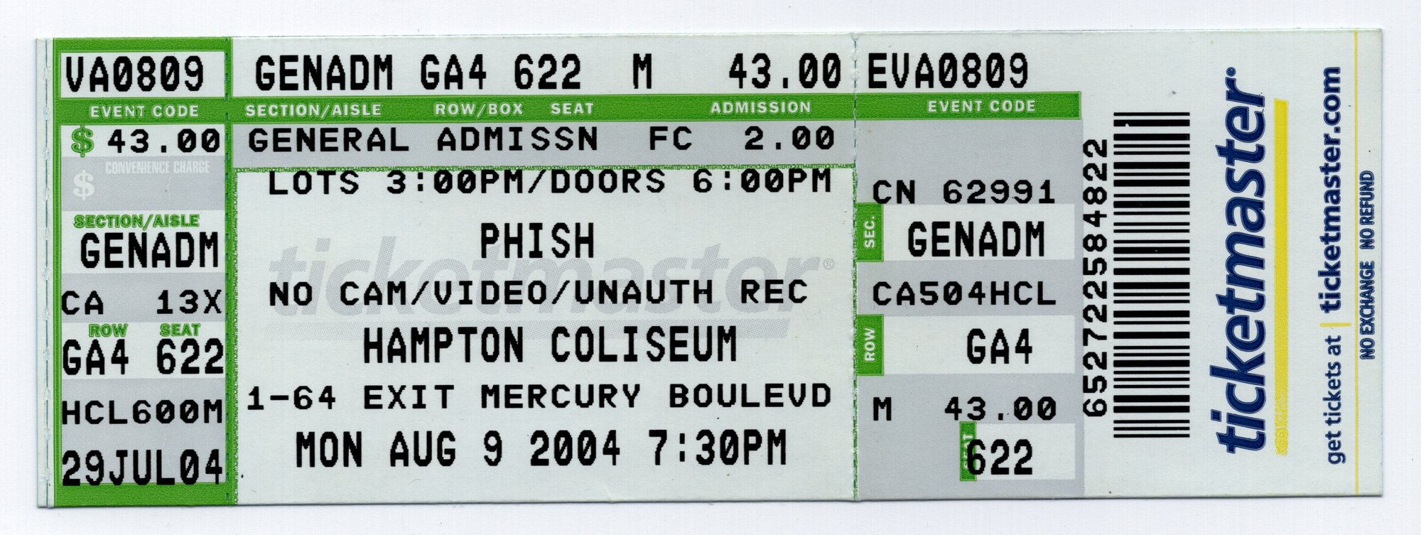 Ticket for 2004-08-09 at Hampton Coliseum