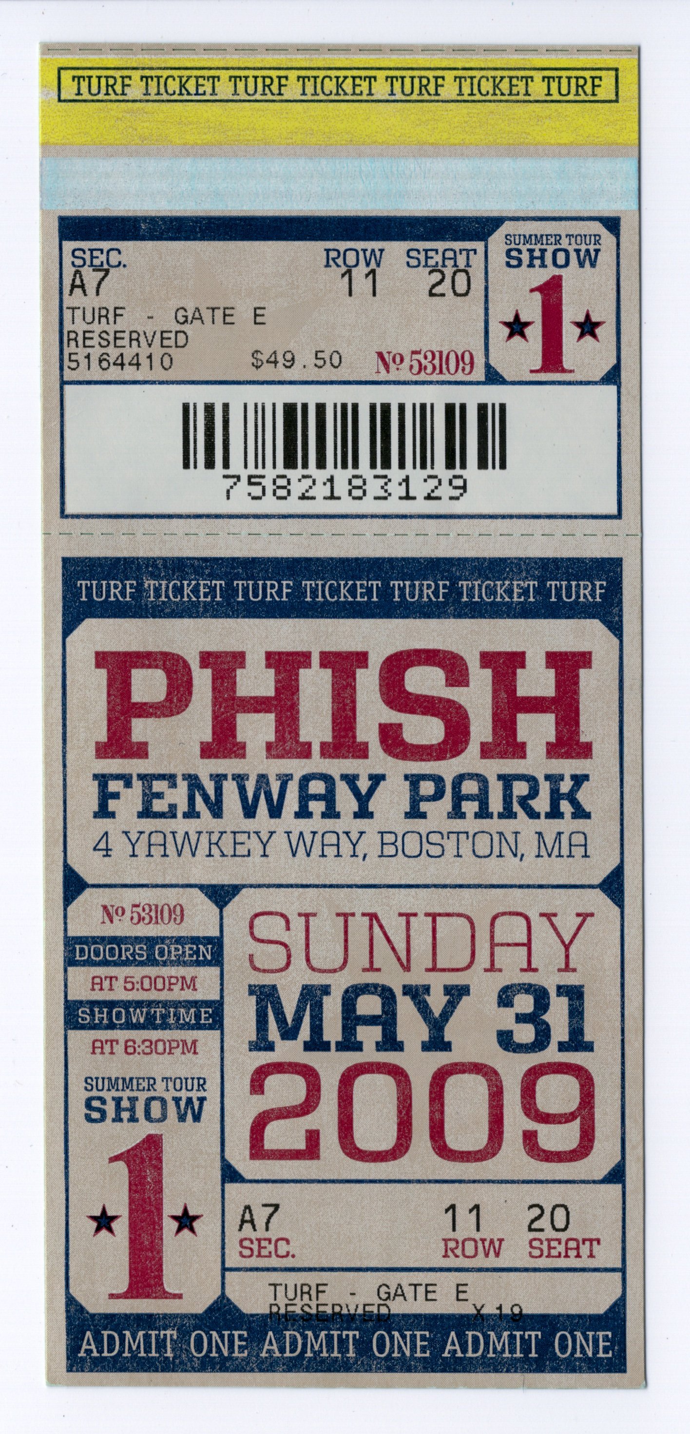 Ticket for 2009-05-31 at Fenway Park