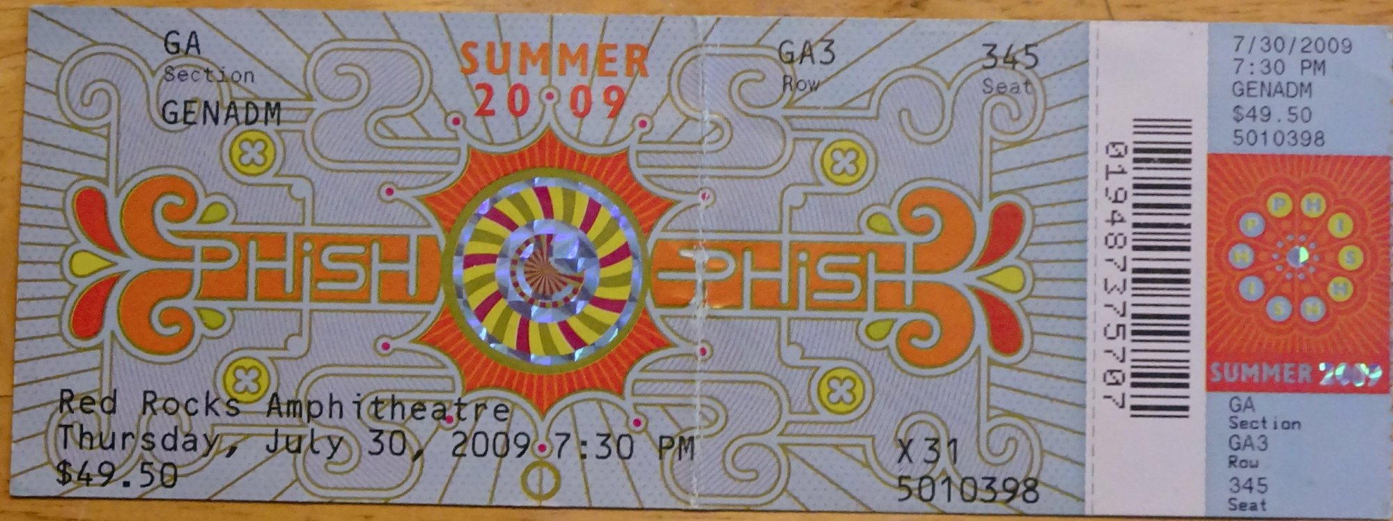 Ticket for 2009-07-30 at Red Rocks Amphitheatre