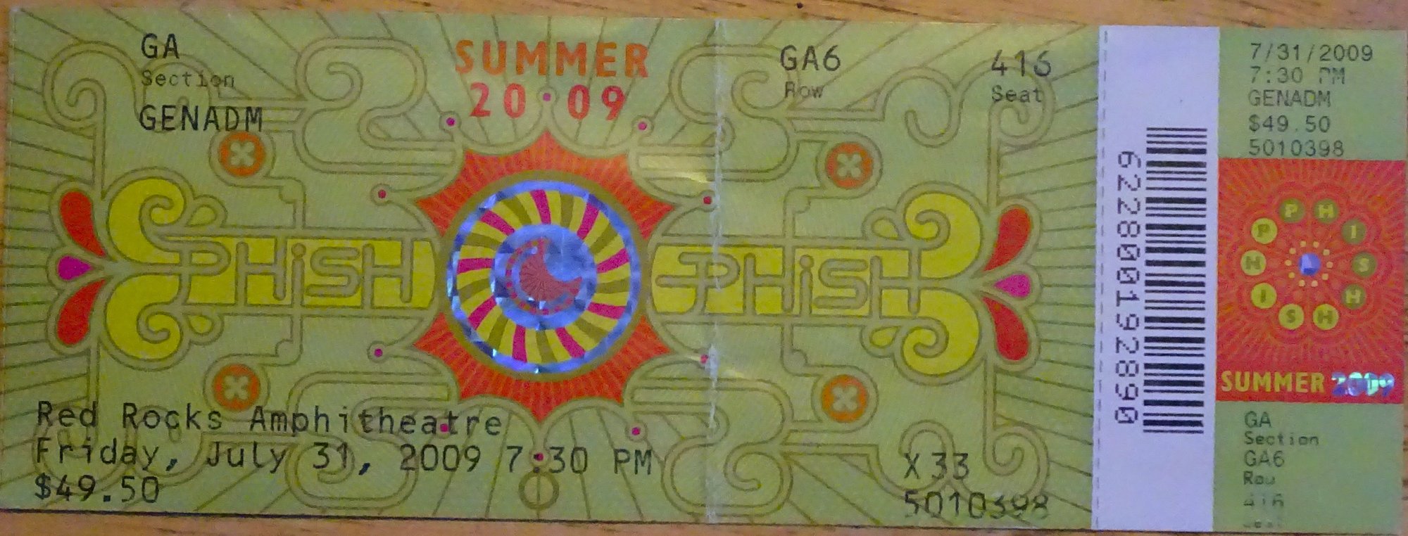 Ticket for 2009-07-31 at Red Rocks Amphitheatre