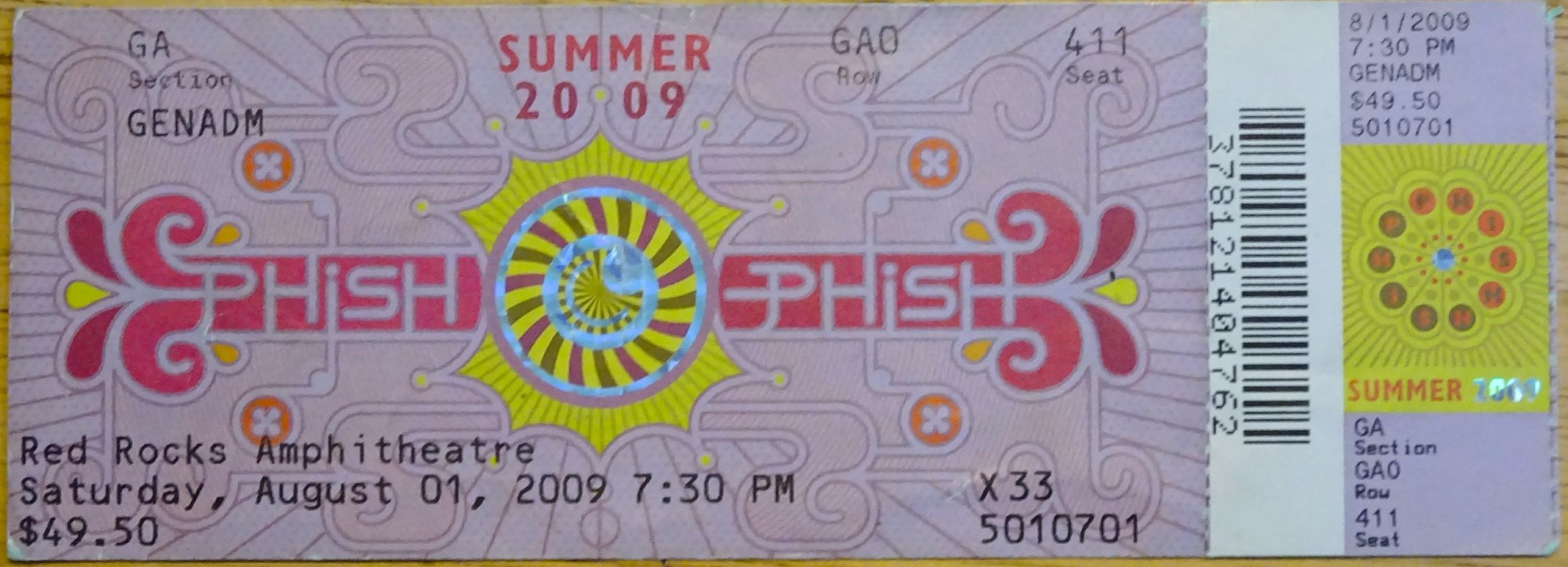 Ticket for 2009-08-01 at Red Rocks Amphitheatre