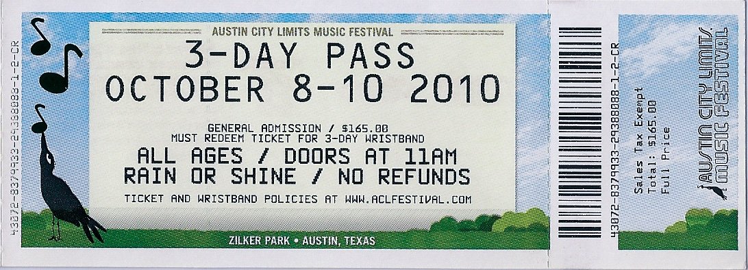 Ticket for 2010-10-08 at Zilker Park
