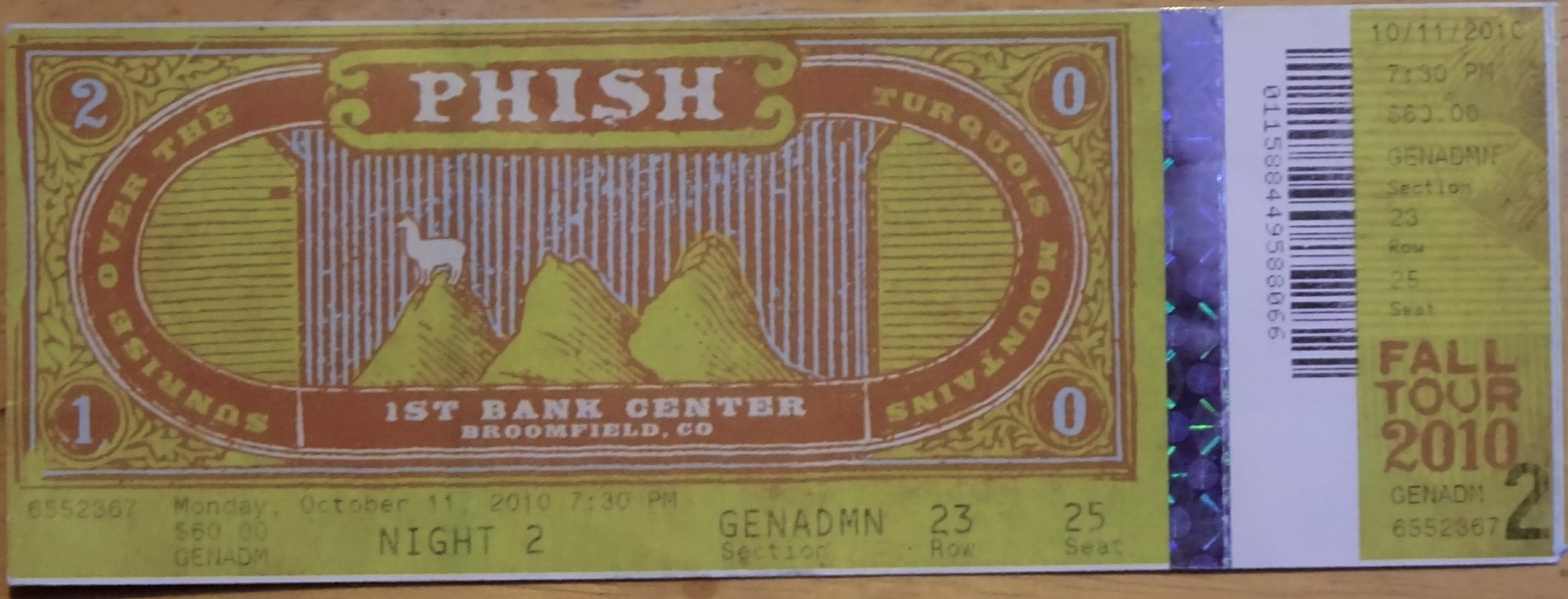 Ticket for 2010-10-11 at 1stBank Center