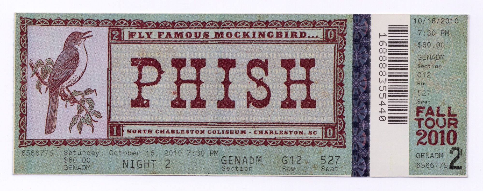Ticket for 2010-10-16 at North Charleston Coliseum