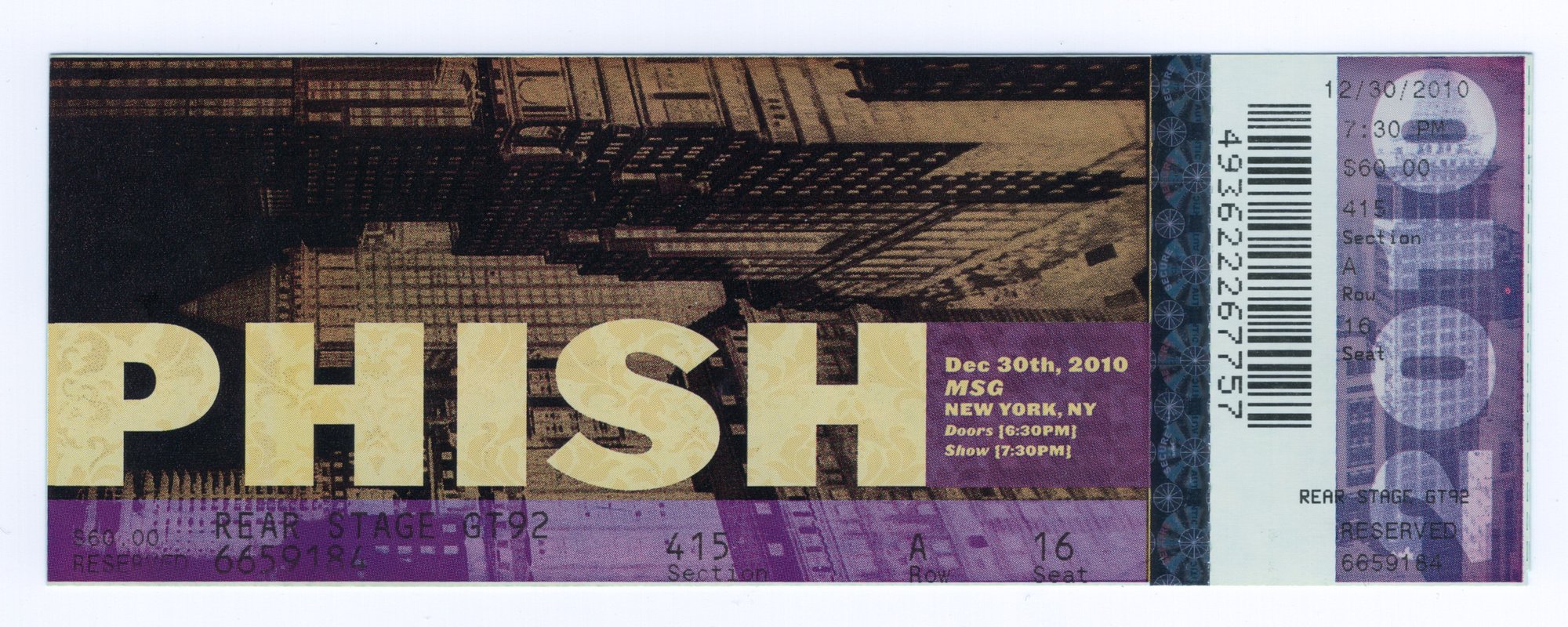 Ticket for 2010-12-30 at Madison Square Garden