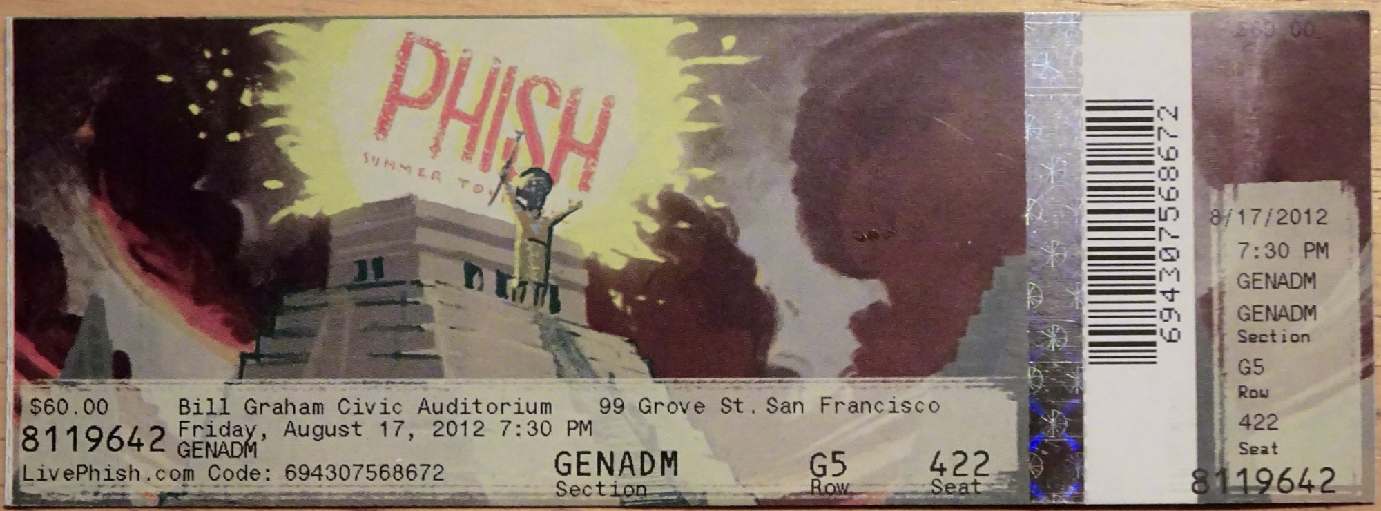 Ticket for 2012-08-17 at Bill Graham Civic Auditorium