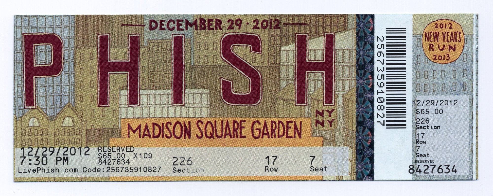 Ticket for 2012-12-29 at Madison Square Garden
