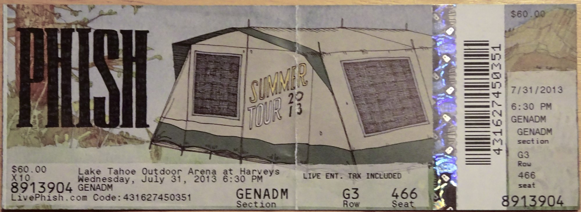 Ticket for 2013-07-31 at Lake Tahoe Outdoor Arena At Harveys