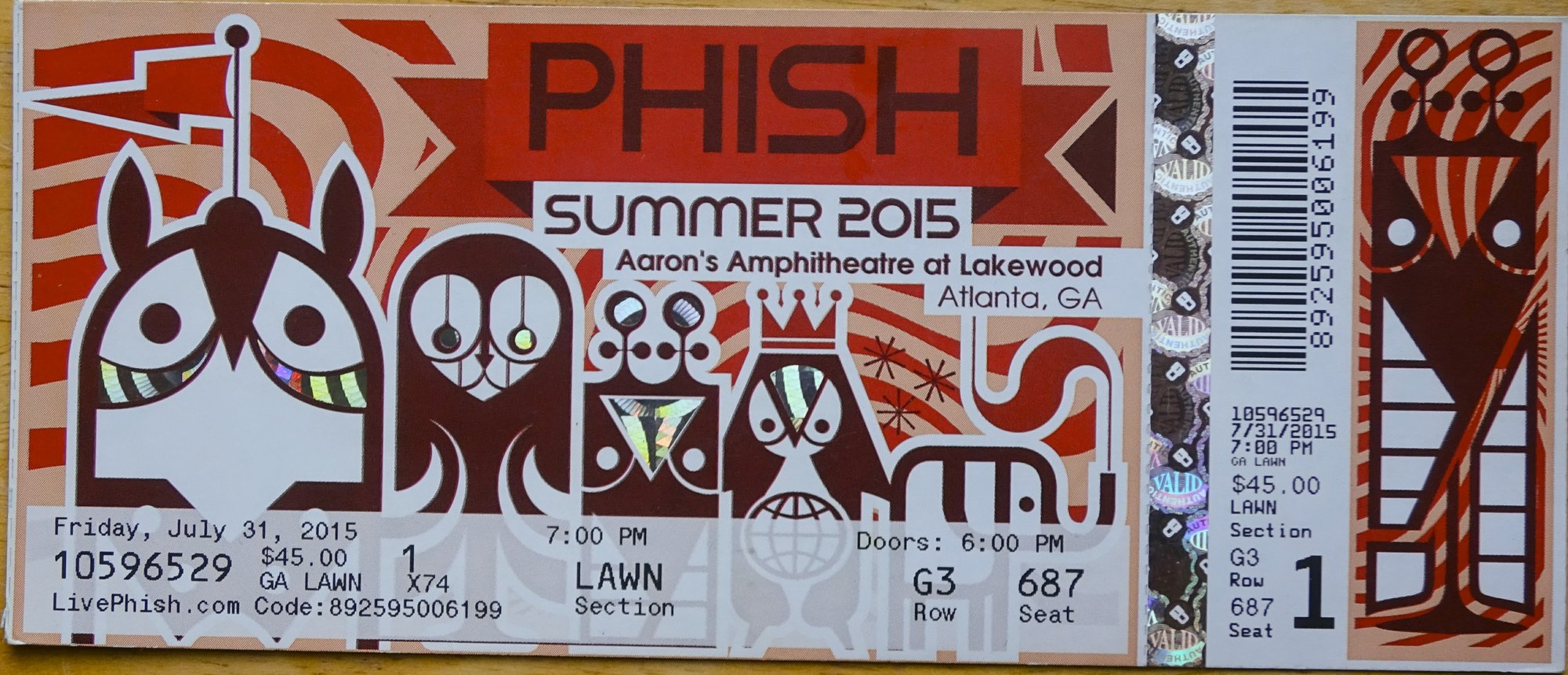 Ticket for 2015-07-31 at Aaron's Amphitheatre At Lakewood