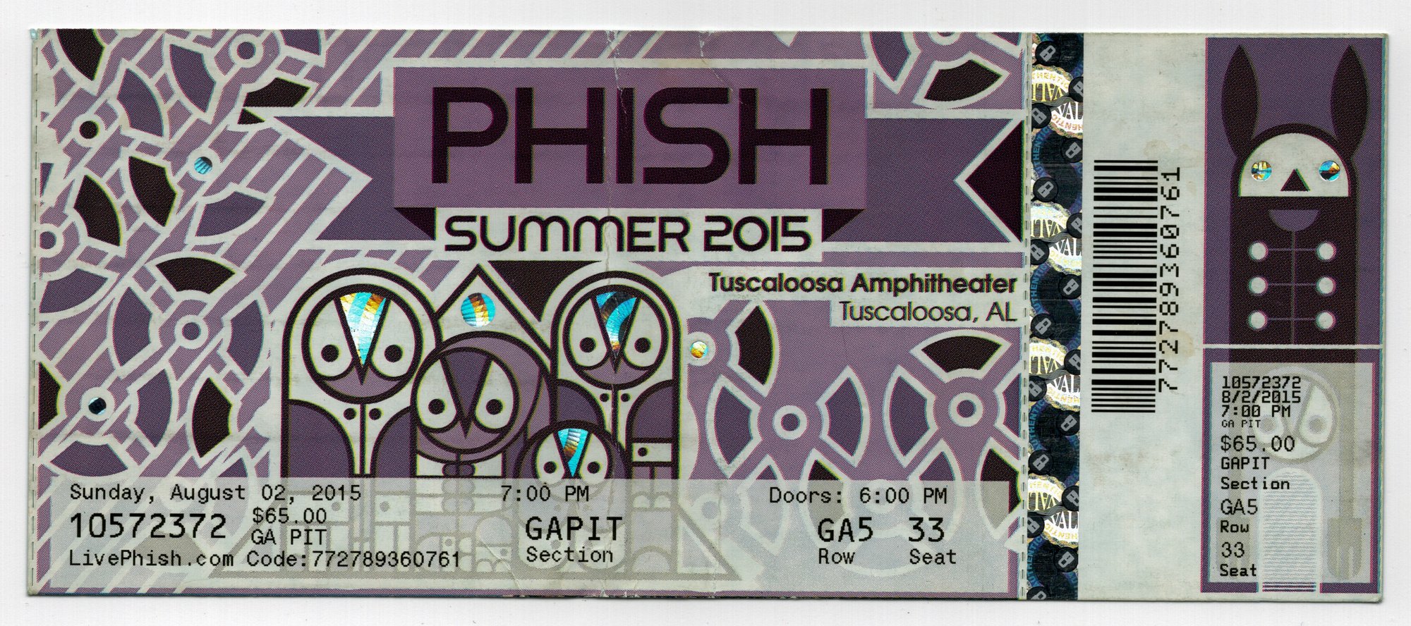 Ticket for 2015-08-02 at Tuscaloosa Amphitheater