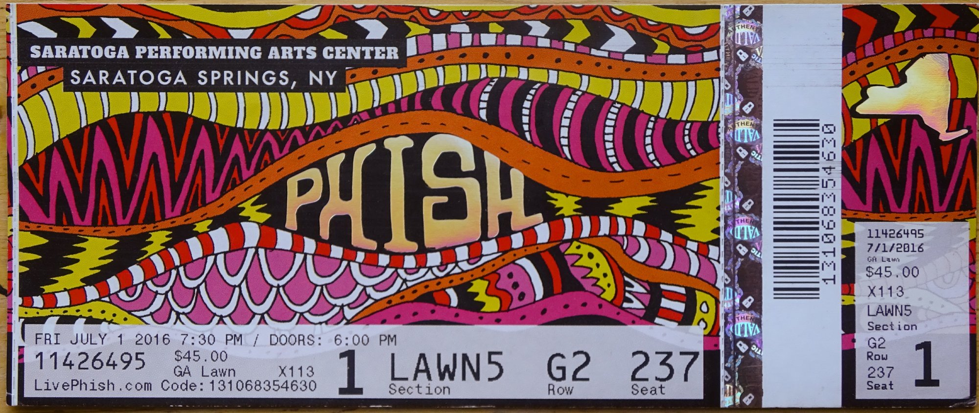 Ticket for 2016-07-01 at Saratoga Performing Arts Center