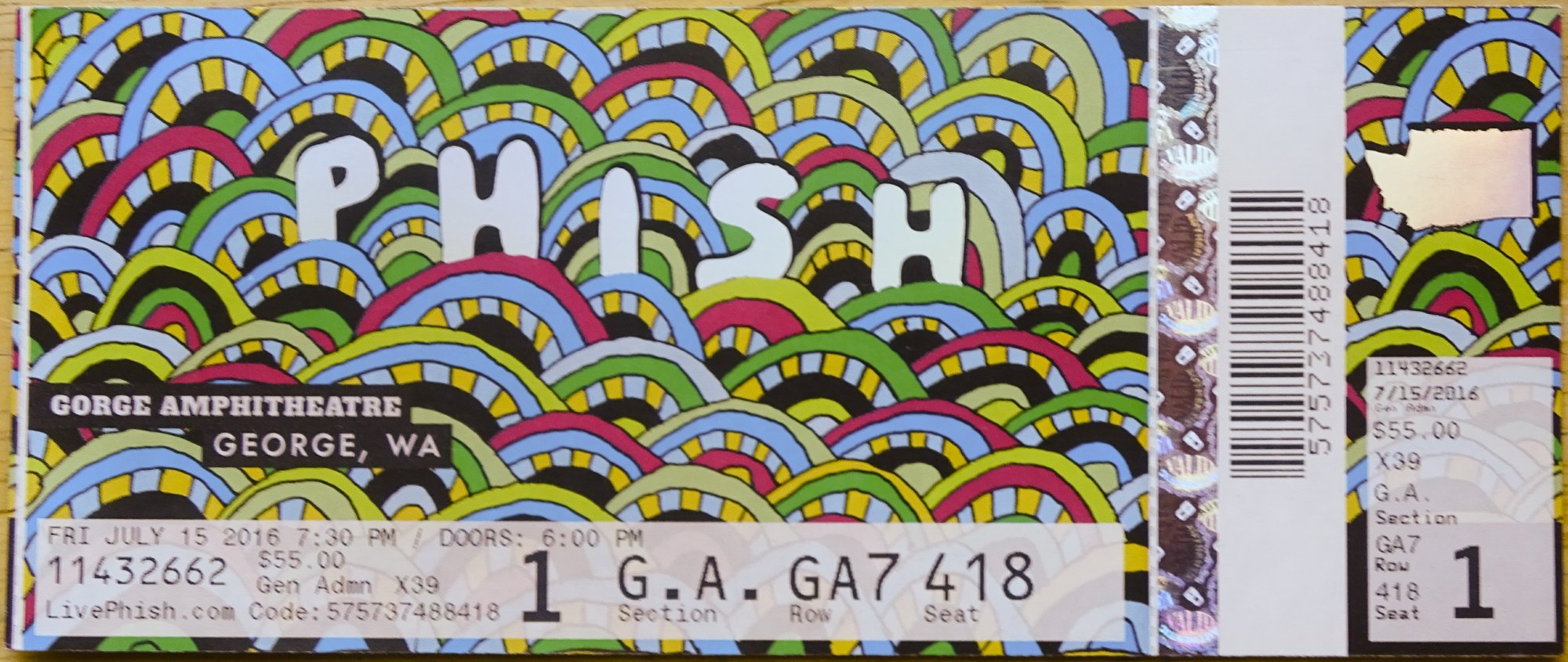 Ticket for 2016-07-15 at Gorge Amphitheatre