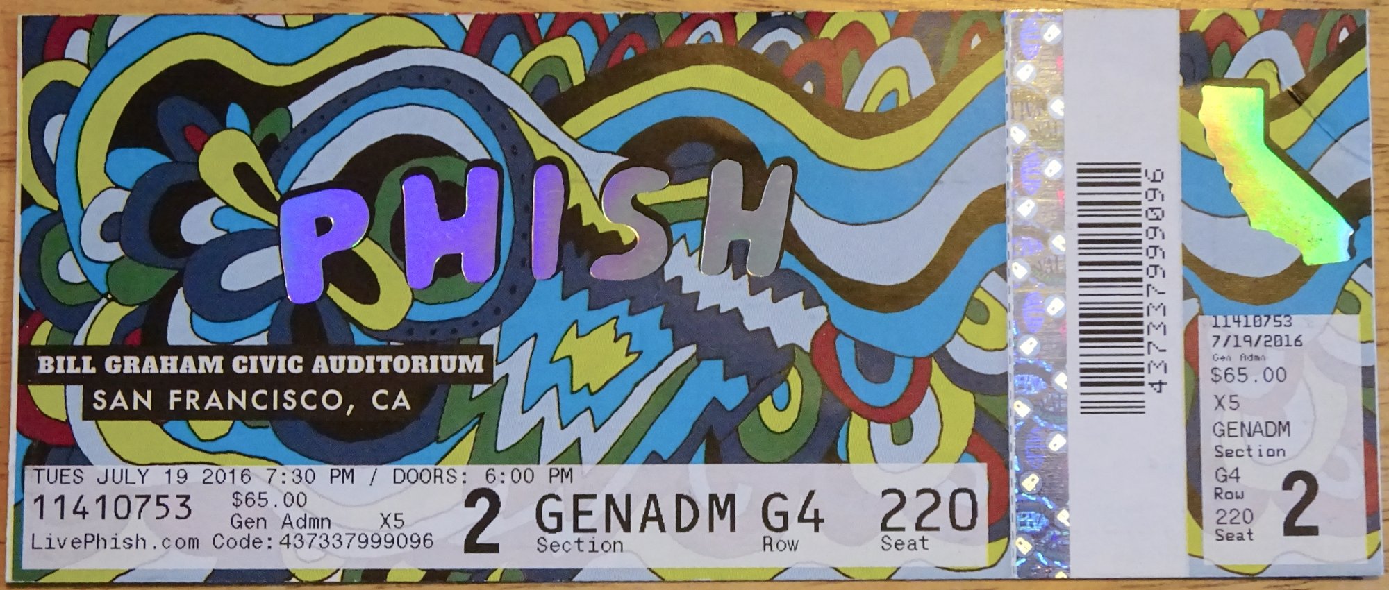 Ticket for 2016-07-19 at Bill Graham Civic Auditorium
