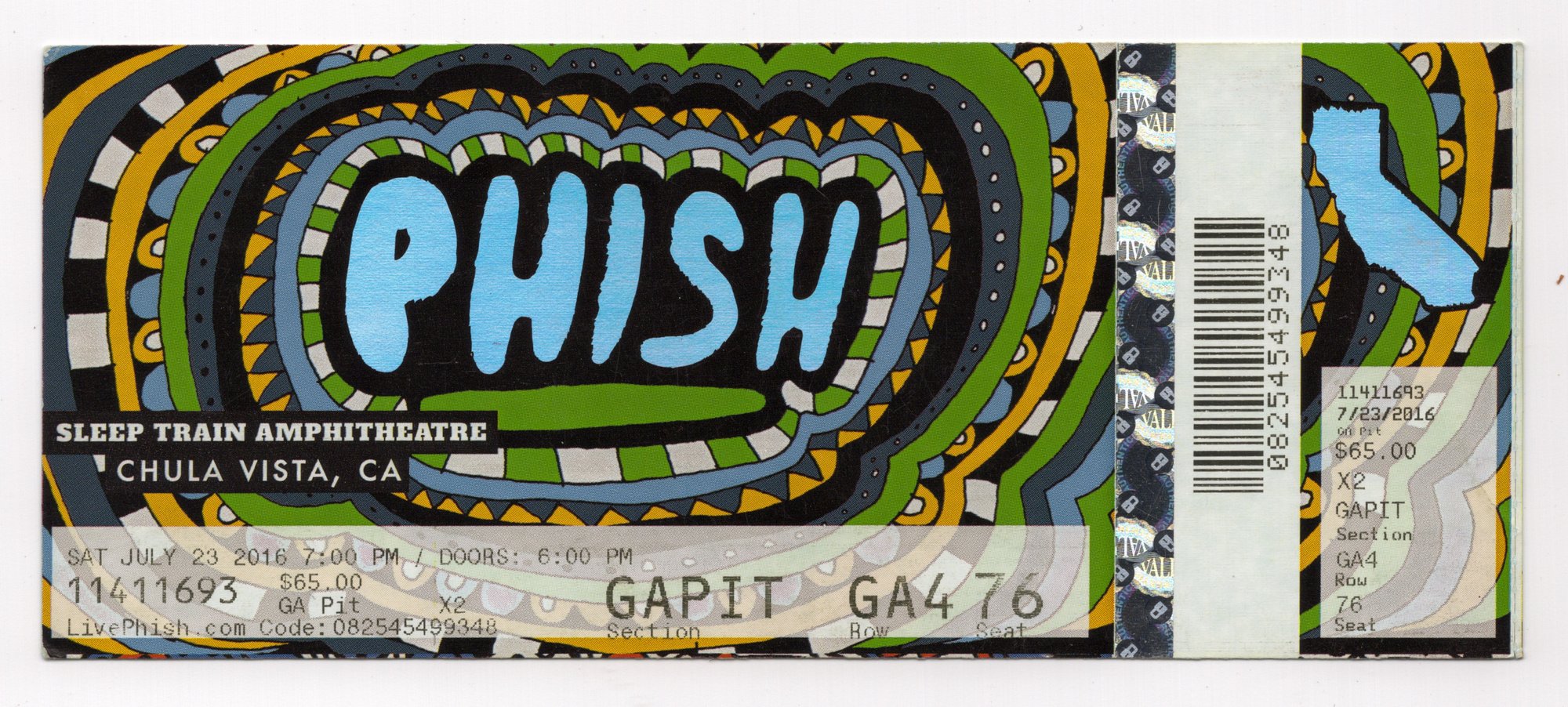 Ticket for 2016-07-23 at Sleep Train Amphitheatre