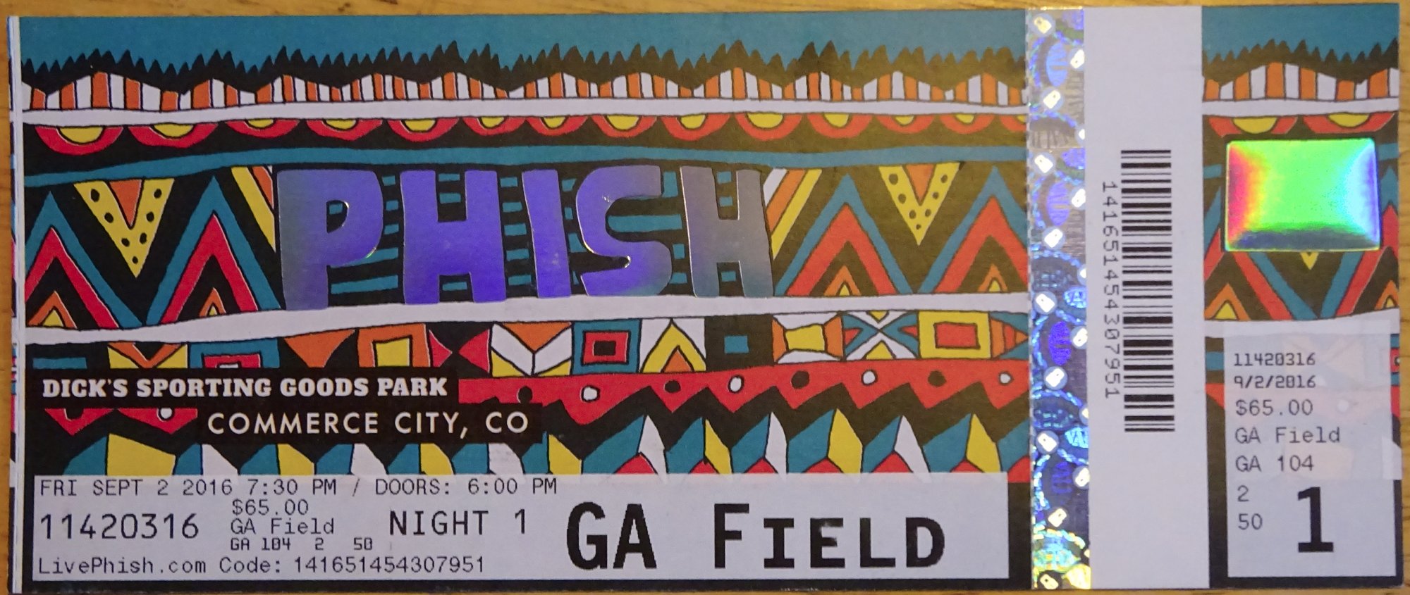 Ticket for 2016-09-02 at Dick's Sporting Goods Park