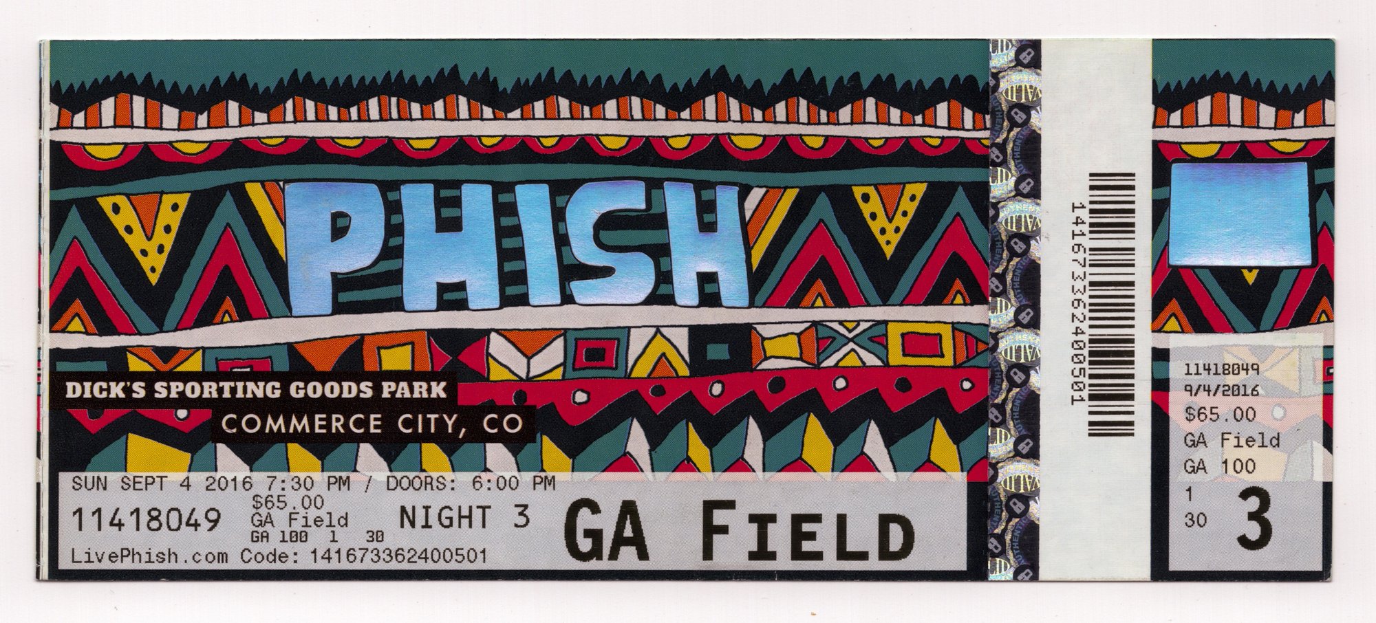 Ticket for 2016-09-04 at Dick's Sporting Goods Park