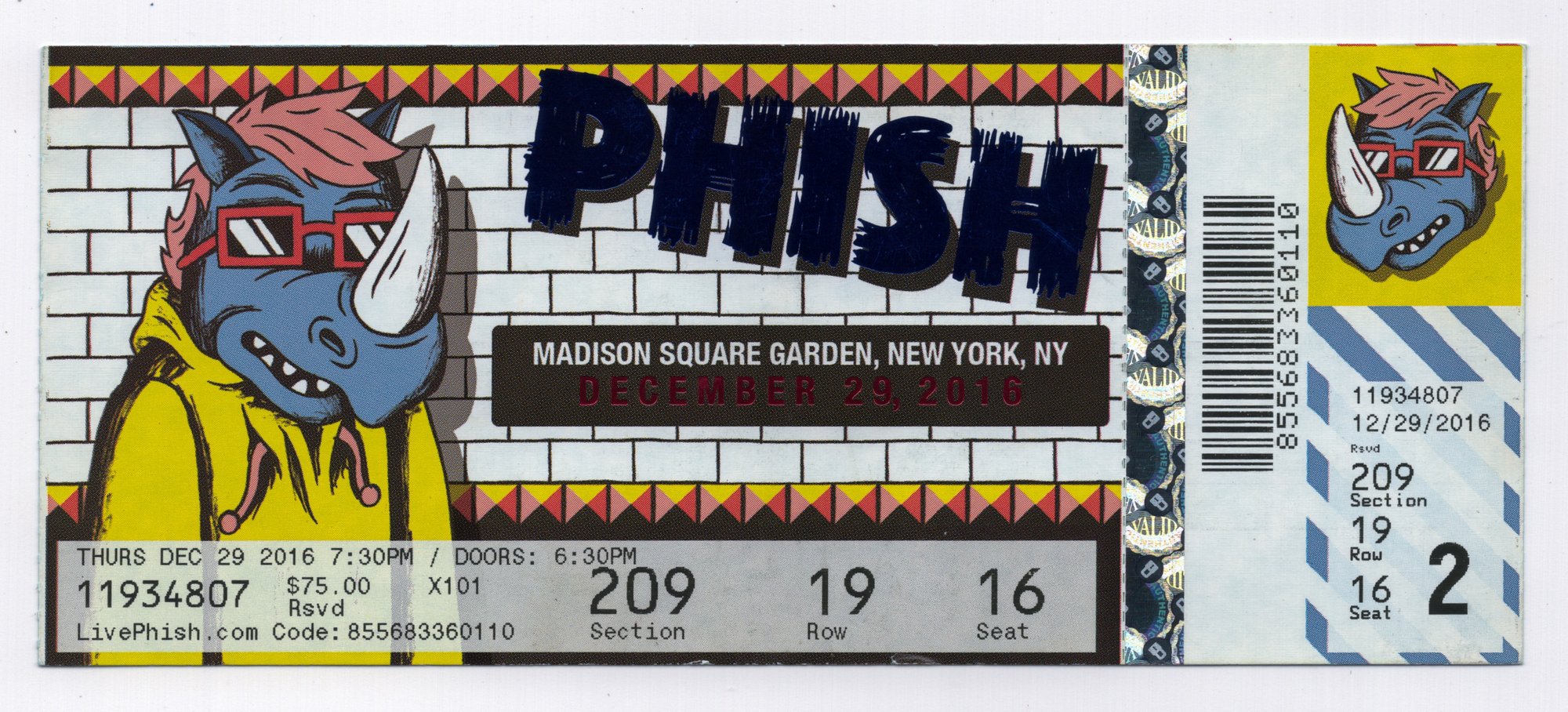 Ticket for 2016-12-29 at Madison Square Garden